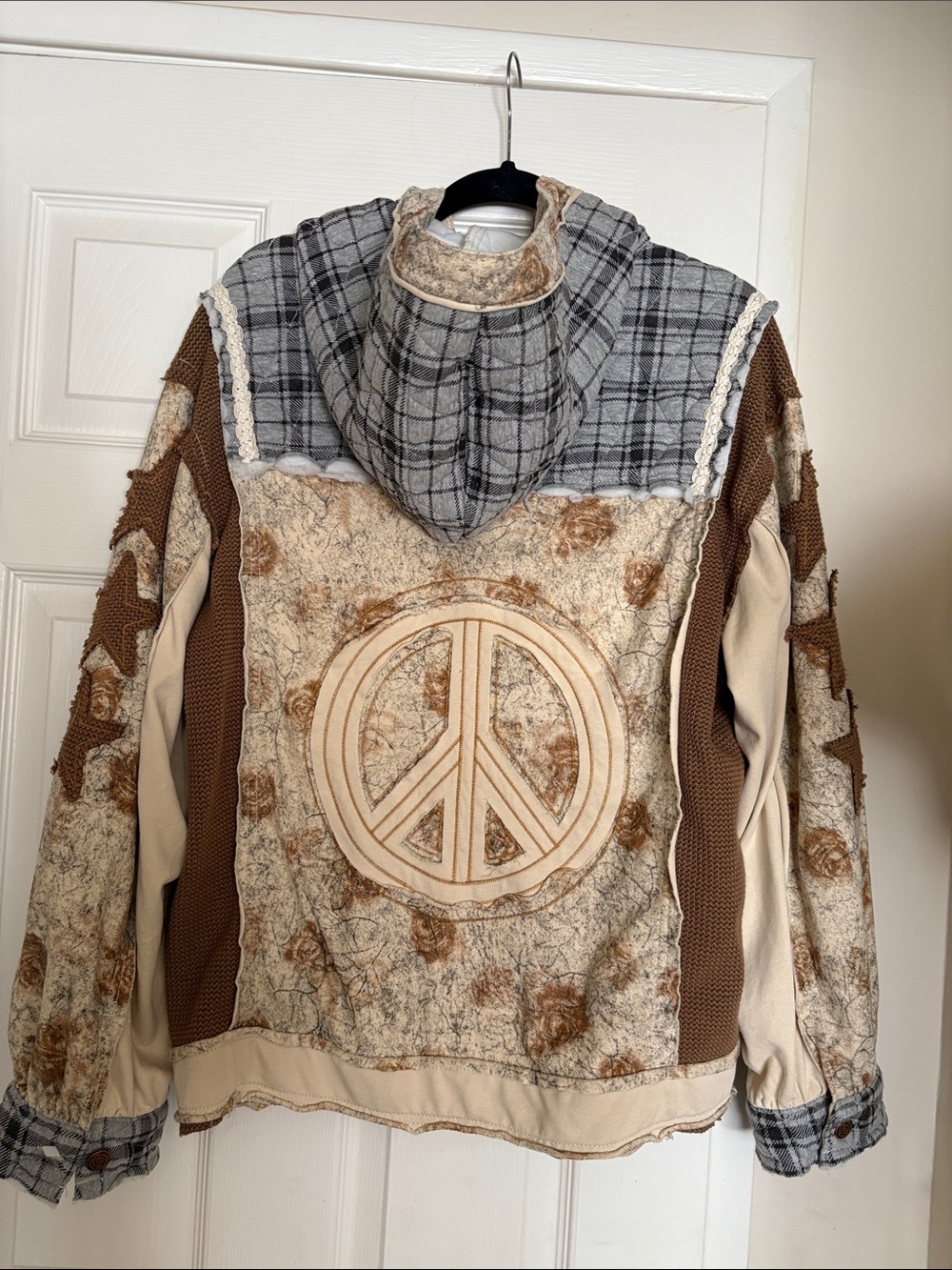 POL Beige, Tan & Gray Patchwork Hooded Jacket with Peace Patch - Picture 3 of 14